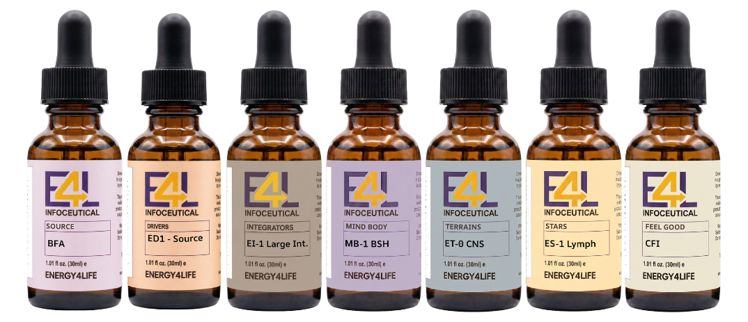 Seven Energy4Life Infoceutical dropper bottles — Source, Drivers, Integrators, Mind Body, Terrains, Stars, and Feel Good formulations