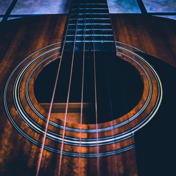 Close-up of acoustic guitar strings illustrating sympathetic resonance